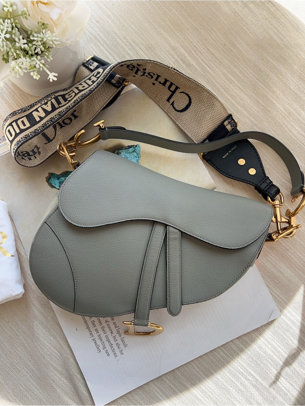 Christian Dior Grained Calfskin Saddle Bag With Strap Stone Grey